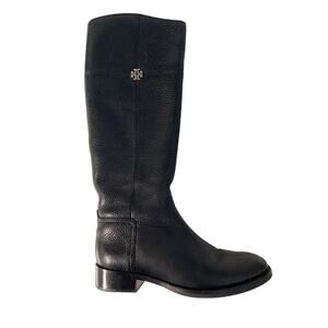 Tory Burch Jolie Riding Boots Black Tall Tumbled Leather Gold Logo Round…